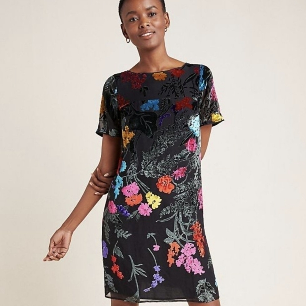 Maeve Anthropologie Alisa Floral Burnout Velvet & Silk Mini Tee Dress Black 4P - Picture 13 of 13